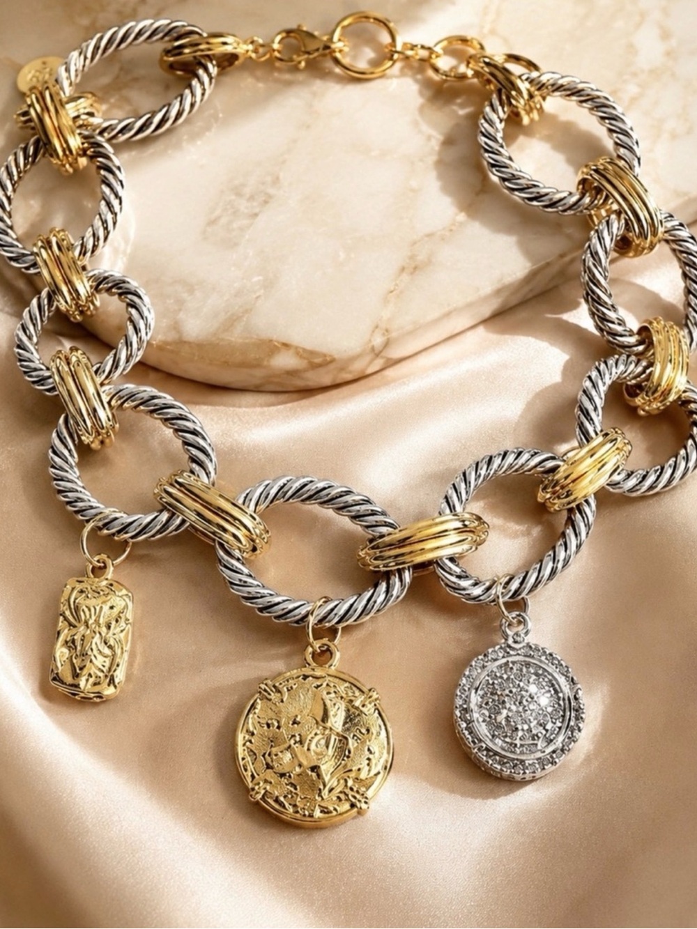 Two Tone Chunky Chain Charm
Necklace Gold Silver Coin
Statement Jewelry nwt